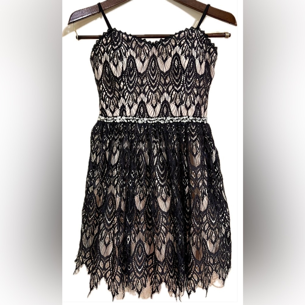 JODI KRISTOPHER Junior’s Black Lace Overlay Tulle‎ Peach Dress Fairy Boho Size 3